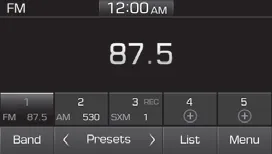 Hyundai Accent radio screen with Band, Presets, List, Menu and preset station buttons