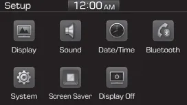 Hyundai Accent audio system Setup menu showing Display, Sound, Date/Time, Bluetooth, System, Screen Saver, and Display Off