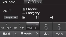 Hyundai Accent SiriusXM radio interface with presets, channel list, and playback controls