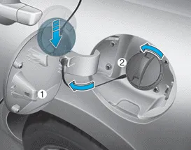 Hyundai Accent fuel filler door opened with fuel filler door (1) and fuel tank cap (2)