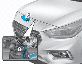 Hyundai Accent secondary hood latch under the hood center that must be released before lifting the hood