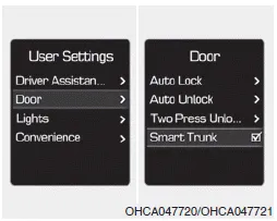 Hyundai Accent user settings menu on instrument cluster for enabling Smart Trunk