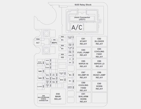 Hyundai Accent engine bay fuse/relay label illustration for engine compartment panel