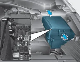 Hyundai Accent multi fuse assembly in engine compartment fuse box showing fastener locations