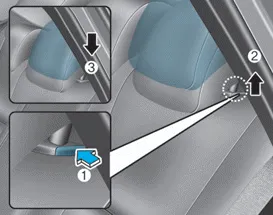 Hyundai Accent rear head restraint removal and reinstallation steps showing release button and upward pull