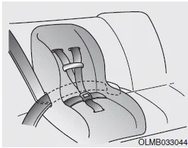 Hyundai Accent lap/shoulder belt securing a child restraint using automatic locking retractor mode illustration
