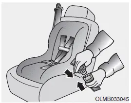 Hyundai Accent buckling lap/shoulder belt through child restraint with latch plate inserted into buckle illustration