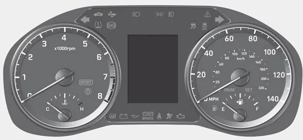 Hyundai Accent instrument cluster Type B with warning indicators and trip computer screen
