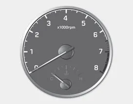 Hyundai Accent tachometer gauge indicating engine revolutions per minute (rpm) with red zone