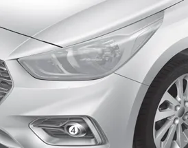 Hyundai Accent Type A front lamp layout showing headlamp, turn signal/position lamp, side marker, and fog lamp