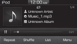 Hyundai Accent iPod mode main screen showing repeat, shuffle, list, menu, album image, pause, and playback progress controls