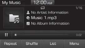Hyundai Accent My Music main screen showing repeat, shuffle, list, menu, album image, pause, and playback progress controls