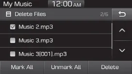 Hyundai Accent My Music menu screen with options such as Delete Files, Add to Playlist, Information, and Sound Settings