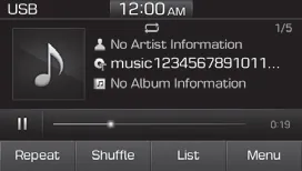 Hyundai Accent USB playback main screen with controls for repeat, shuffle, list, menu, and track progress