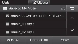 Hyundai Accent USB Menu screen with Save to My Music, Information, and Sound Settings options