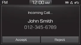 Hyundai Accent incoming call screen showing caller name, number, and accept/reject buttons