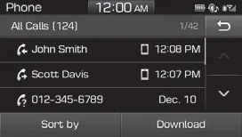 Hyundai Accent Call History screen showing call list, sort options, and download button