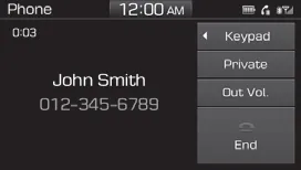 Hyundai Accent active call screen with call duration, keypad, private mode, outgoing volume, and end call controls