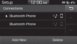 Hyundai Accent Bluetooth connections menu with Add New option for pairing another device