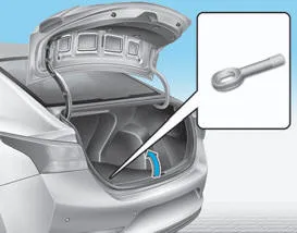 Hyundai Accent removable towing hook location and tool case in the trunk