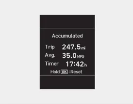 Hyundai Accent accumulated info display showing trip distance, average fuel economy, and driving time
