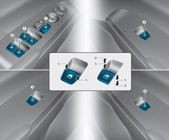 Hyundai Accent power window switch panel on the driver’s door with window controls and lock button