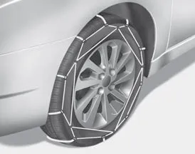 Hyundai Accent tire chains mounted on the front tires for improved traction in snow